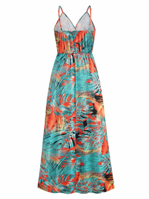 Blue Zone Planet | Bohemian Printed Long Dress Sexy V Neck Sling Dress kakaclo