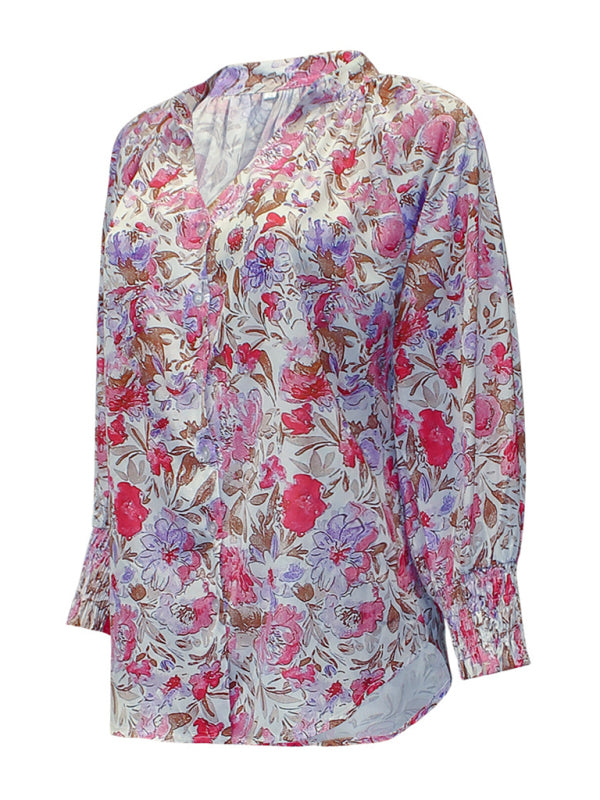 Floral V-neck long-sleeved cardigan single-breasted casual shirt for women kakaclo