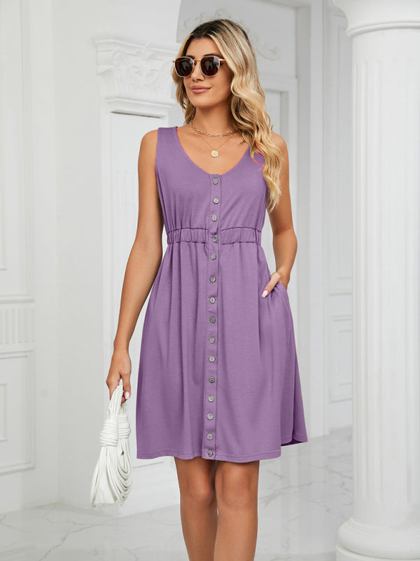 Knitted Sleeveless Button Pocket Round Neck Slit Waist Dress kakaclo