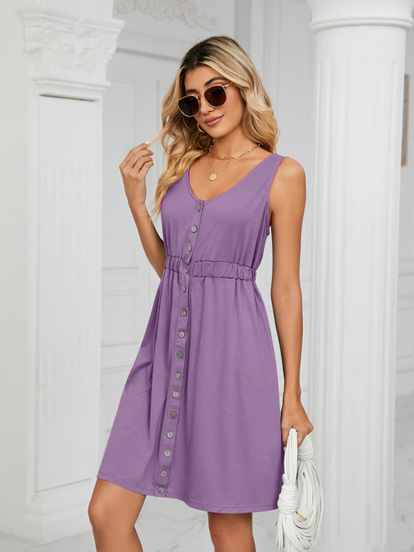 Knitted Sleeveless Button Pocket Round Neck Slit Waist Dress kakaclo