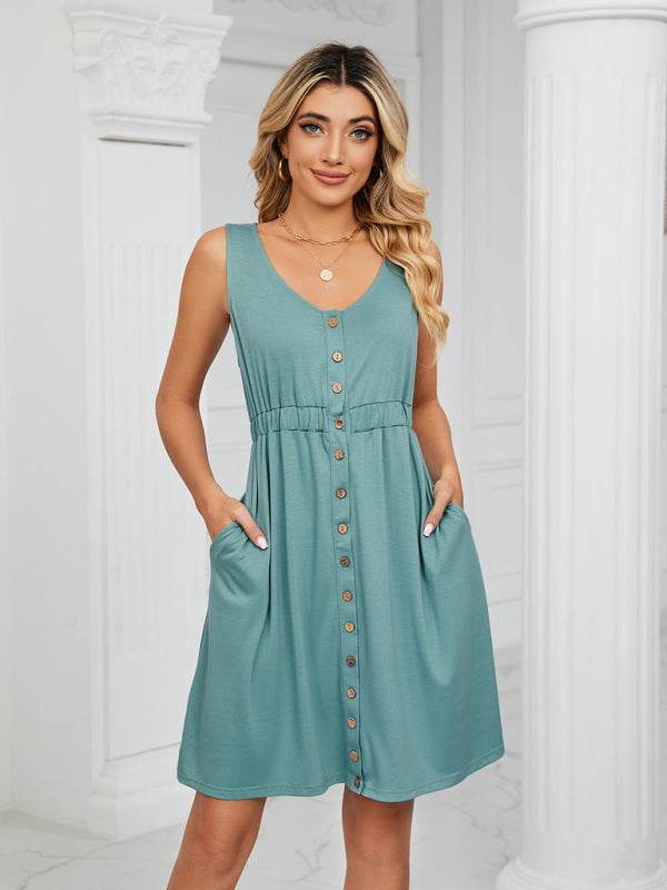 Knitted Sleeveless Button Pocket Round Neck Slit Waist Dress kakaclo