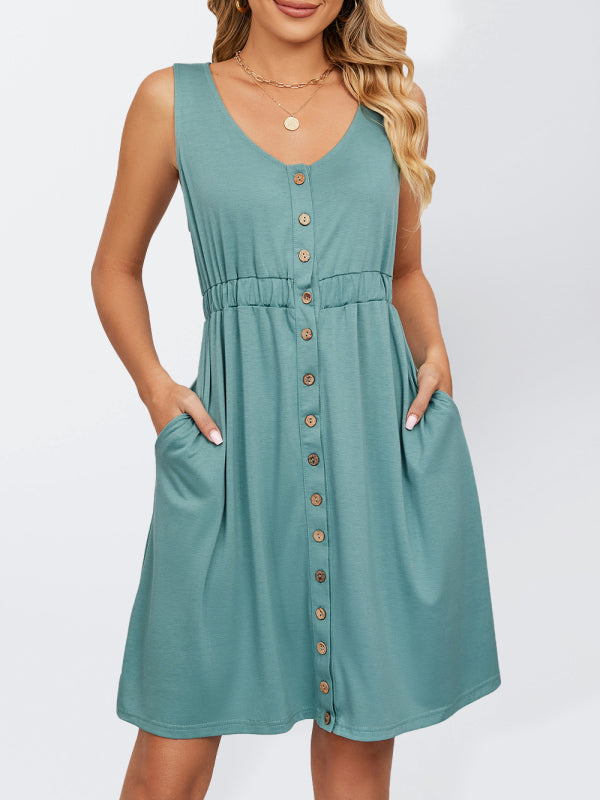 Knitted Sleeveless Button Pocket Round Neck Slit Waist Dress kakaclo