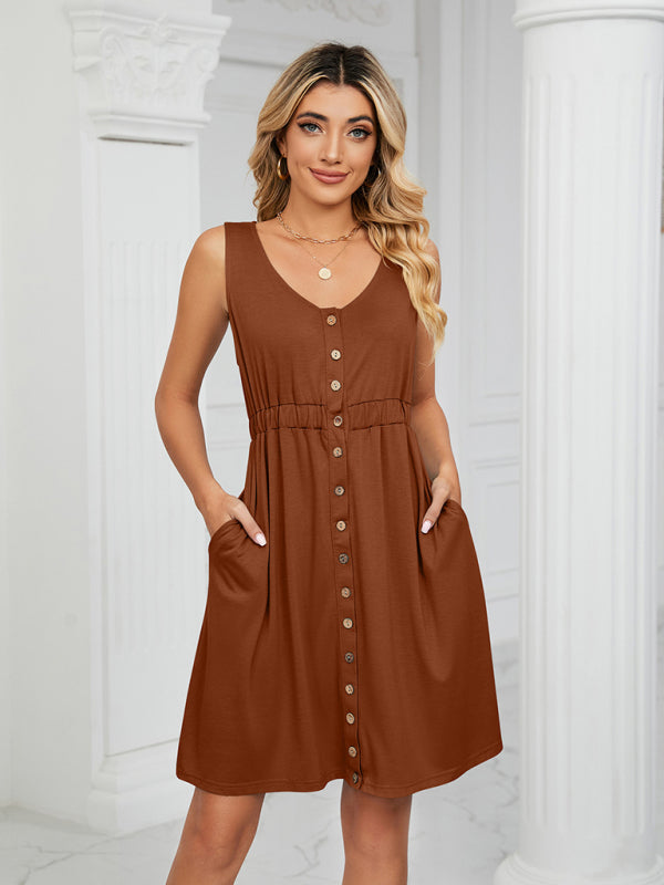 Knitted Sleeveless Button Pocket Round Neck Slit Waist Dress kakaclo