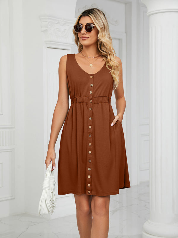 Knitted Sleeveless Button Pocket Round Neck Slit Waist Dress kakaclo