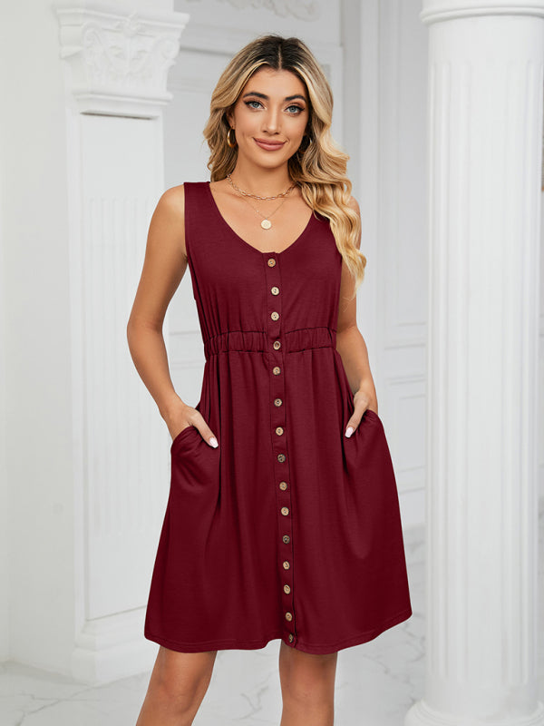 Knitted Sleeveless Button Pocket Round Neck Slit Waist Dress kakaclo