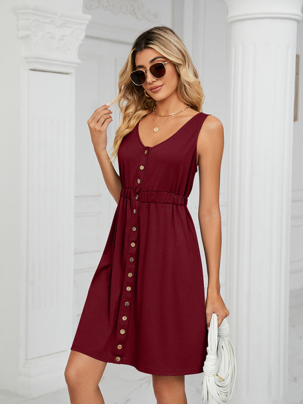 Knitted Sleeveless Button Pocket Round Neck Slit Waist Dress kakaclo