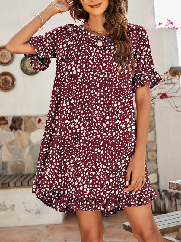 Women's Leopard Print Round Neck Short Sleeve Ruffle Dress kakaclo