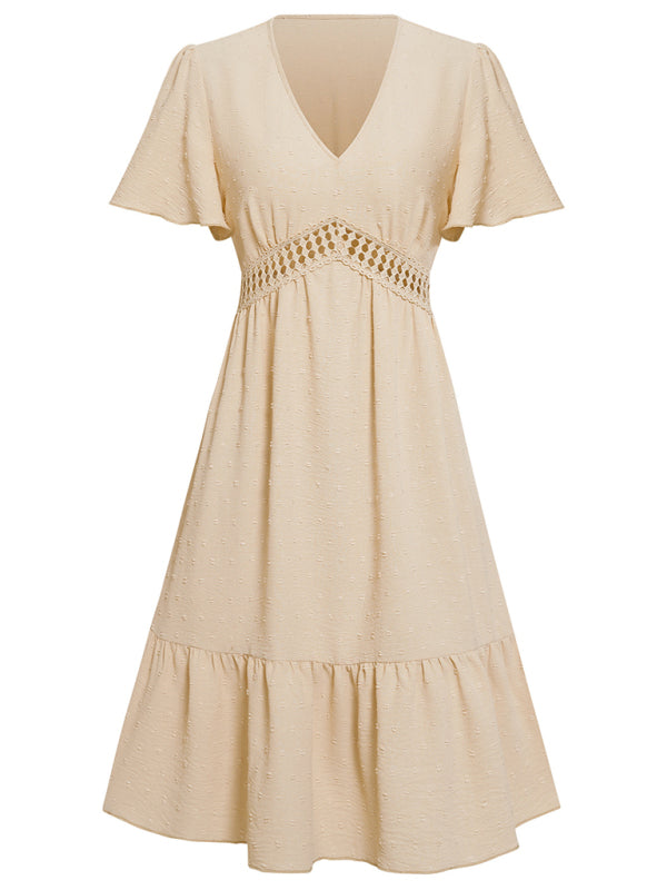Lace Stitching V-neck Solid Color Ruffle Sleeve Dress kakaclo