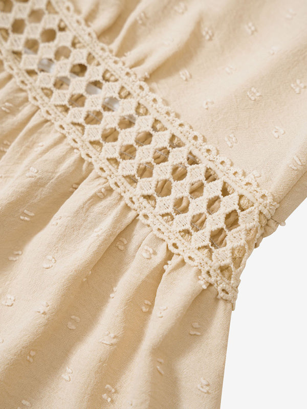 Lace Stitching V-neck Solid Color Ruffle Sleeve Dress kakaclo