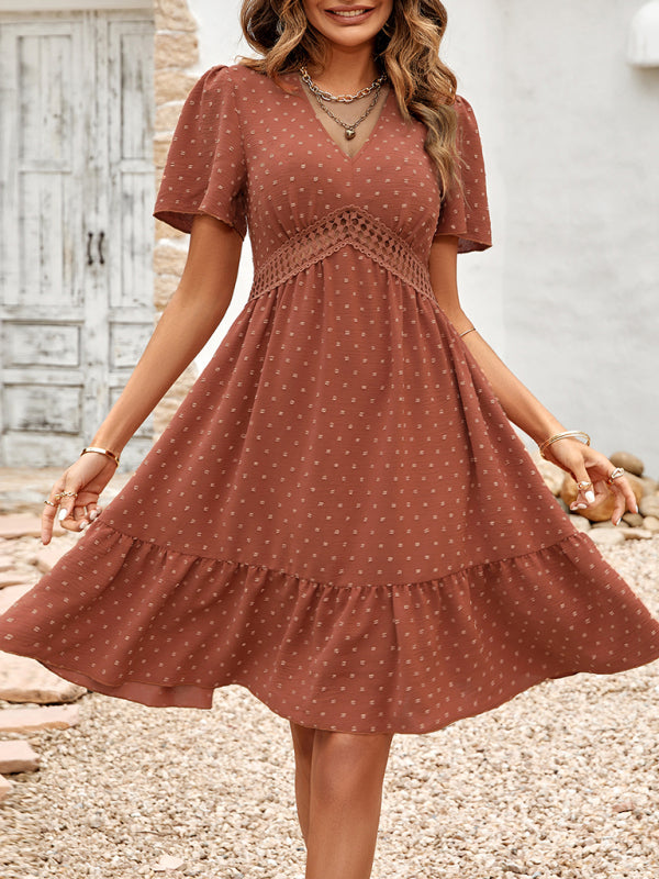 Lace Stitching V-neck Solid Color Ruffle Sleeve Dress kakaclo