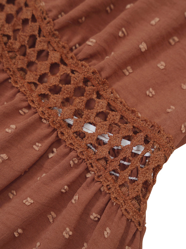 Lace Stitching V-neck Solid Color Ruffle Sleeve Dress kakaclo