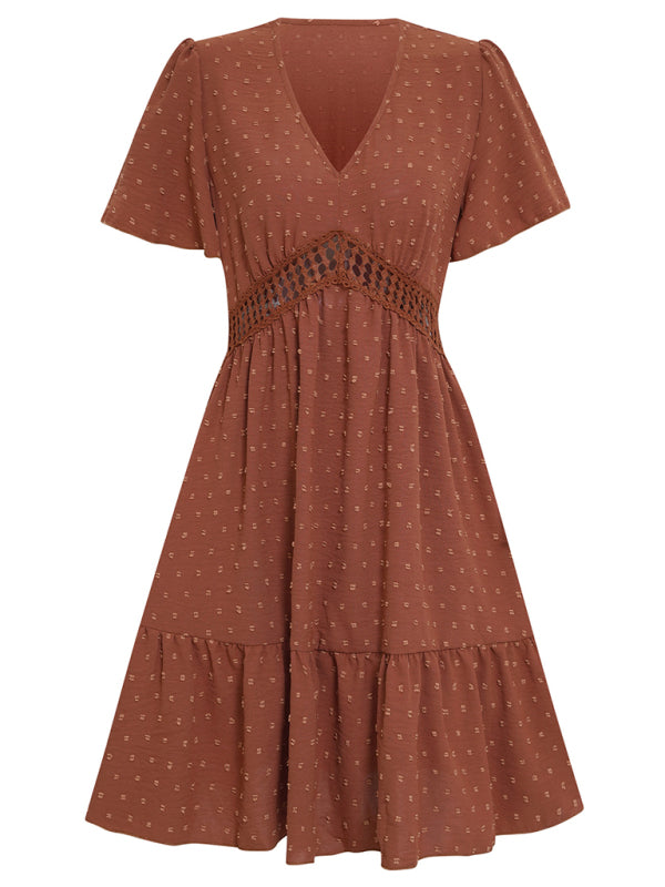 Lace Stitching V-neck Solid Color Ruffle Sleeve Dress kakaclo