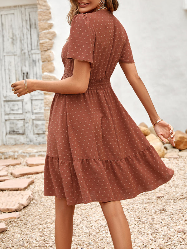 Lace Stitching V-neck Solid Color Ruffle Sleeve Dress kakaclo