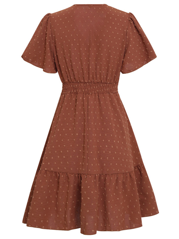 Lace Stitching V-neck Solid Color Ruffle Sleeve Dress kakaclo
