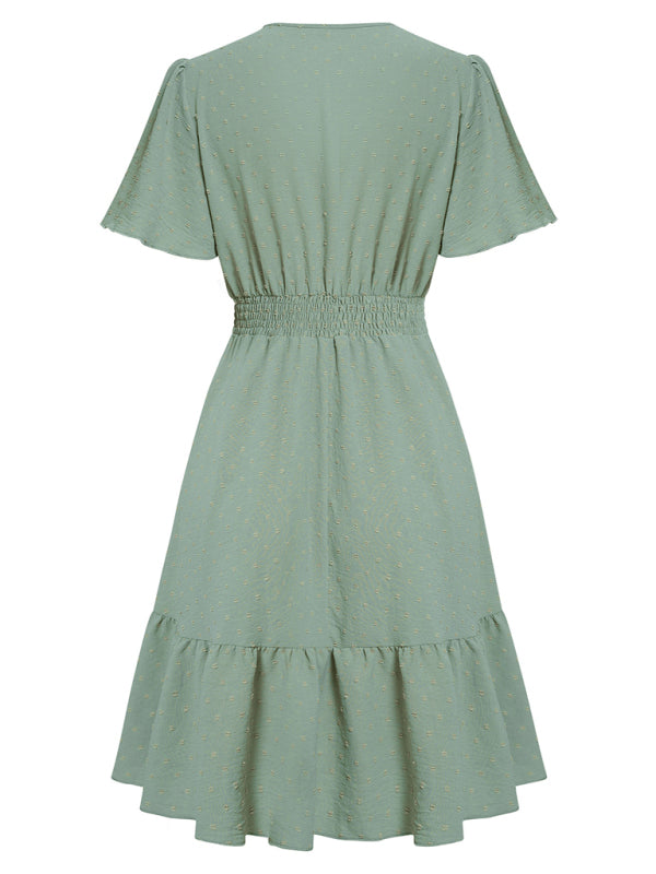 Lace Stitching V-neck Solid Color Ruffle Sleeve Dress kakaclo