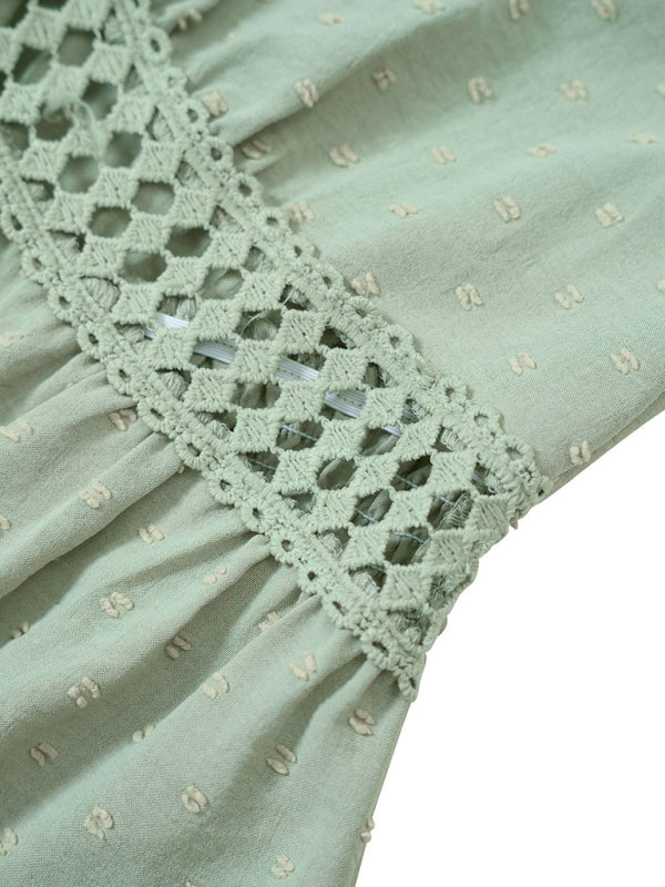 Lace Stitching V-neck Solid Color Ruffle Sleeve Dress kakaclo