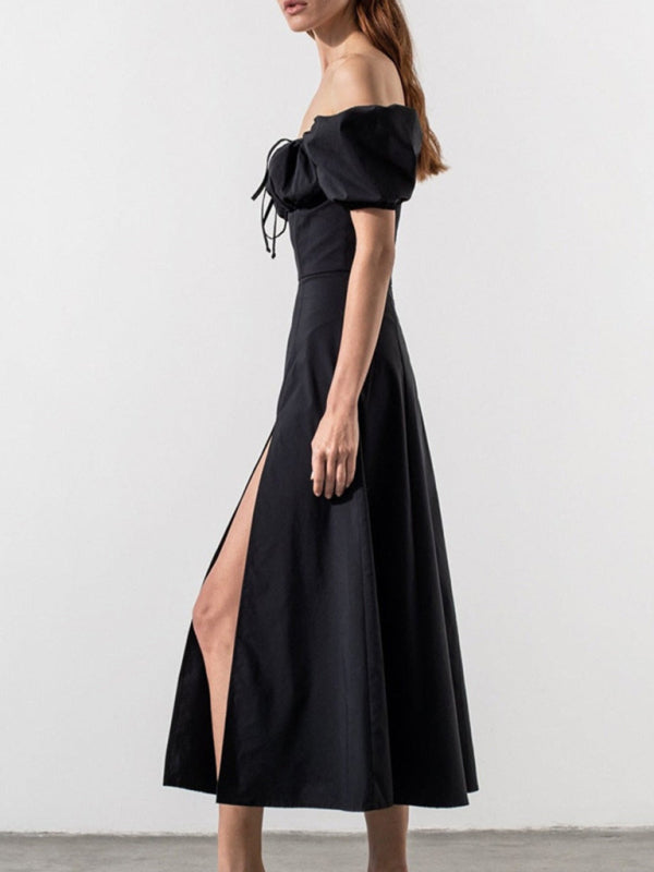 Blue Zone Planet | Solid Color Puff Sleeve Tie Slim Dress BLUE ZONE PLANET