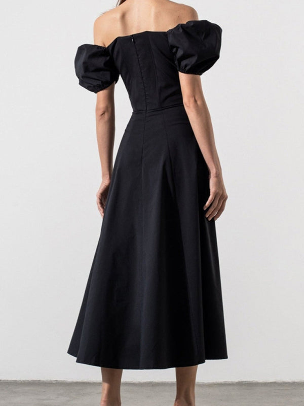 Blue Zone Planet | Solid Color Puff Sleeve Tie Slim Dress BLUE ZONE PLANET