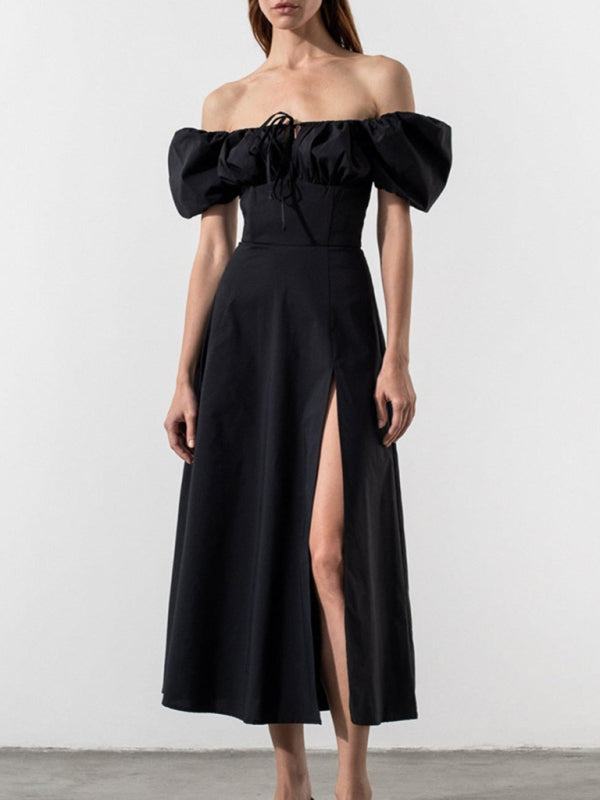 Blue Zone Planet | Solid Color Puff Sleeve Tie Slim Dress BLUE ZONE PLANET