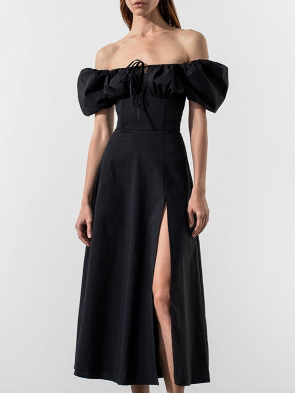 Blue Zone Planet | Solid Color Puff Sleeve Tie Slim Dress BLUE ZONE PLANET