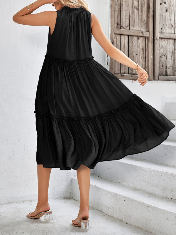 Solid Color V-Neck Sleeveless Loose Dress kakaclo