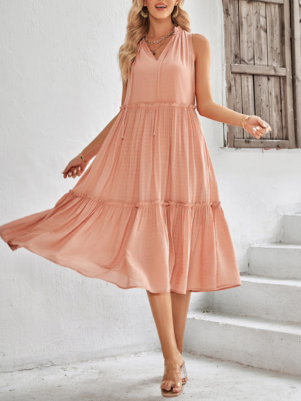 Solid Color V-Neck Sleeveless Loose Dress kakaclo