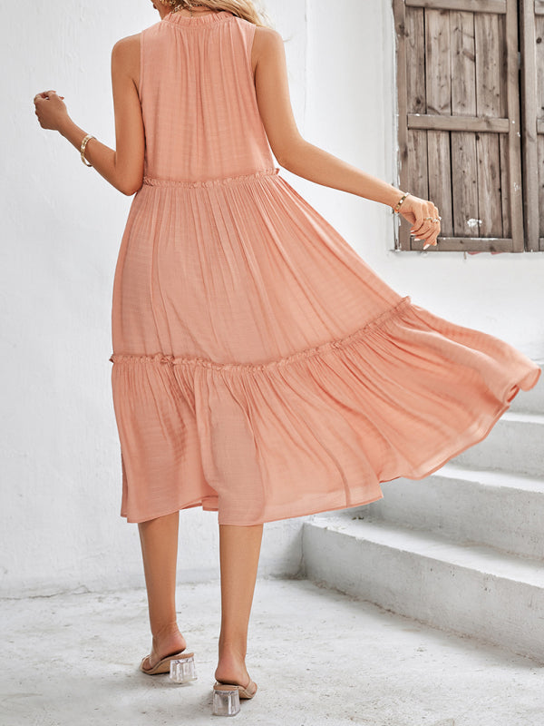Solid Color V-Neck Sleeveless Loose Dress kakaclo