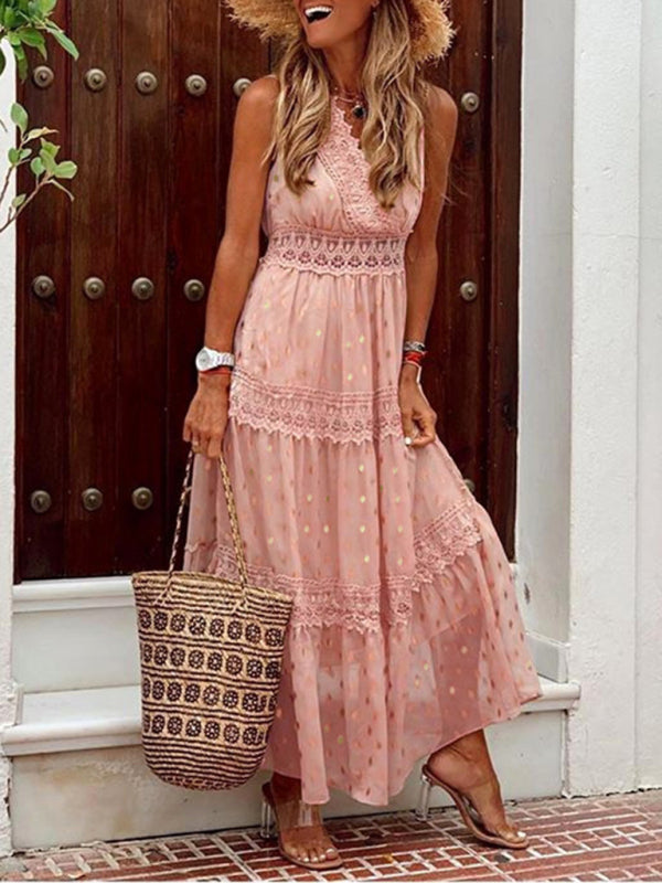 Blue Zone Planet | Deep V Sleeveless Lace-Panel Chiffon Midi Dress BLUE ZONE PLANET