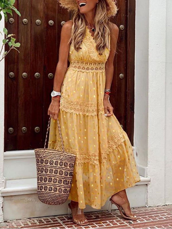 Blue Zone Planet | Deep V Sleeveless Lace-Panel Chiffon Midi Dress BLUE ZONE PLANET