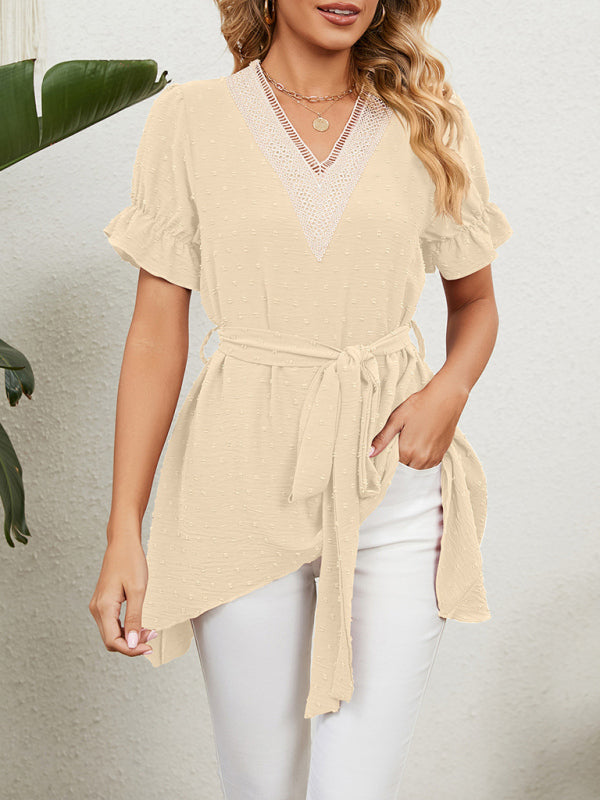 Blue Zone Planet | Woven Jacquard V-Neck Loose Tie Chiffon Short Sleeve Top BLUE ZONE PLANET
