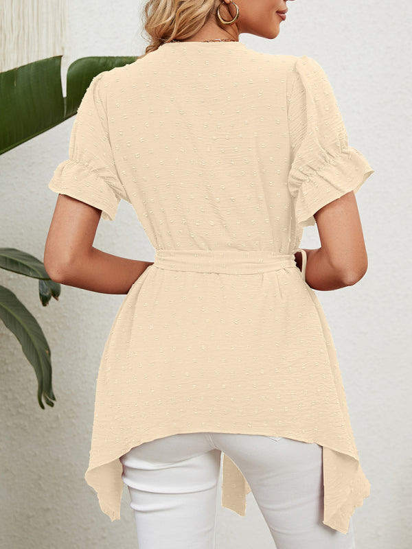 Blue Zone Planet | Woven Jacquard V-Neck Loose Tie Chiffon Short Sleeve Top BLUE ZONE PLANET