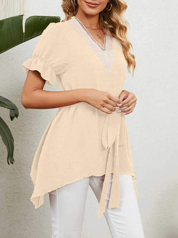 Blue Zone Planet | Woven Jacquard V-Neck Loose Tie Chiffon Short Sleeve Top BLUE ZONE PLANET