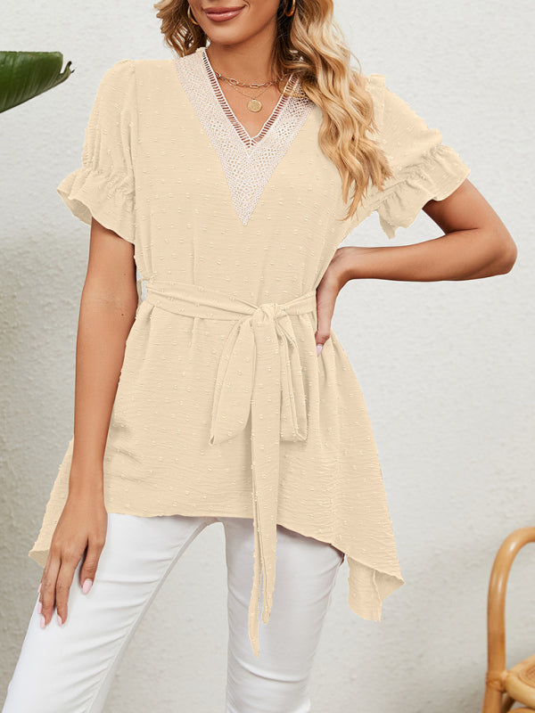 Blue Zone Planet | Woven Jacquard V-Neck Loose Tie Chiffon Short Sleeve Top BLUE ZONE PLANET