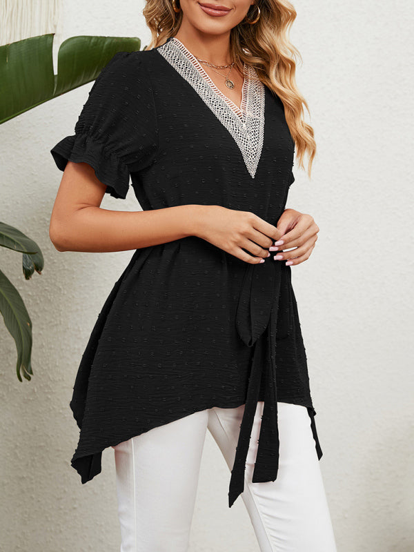 Blue Zone Planet | Woven Jacquard V-Neck Loose Tie Chiffon Short Sleeve Top BLUE ZONE PLANET