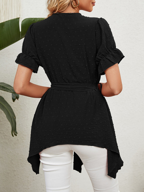 Blue Zone Planet | Woven Jacquard V-Neck Loose Tie Chiffon Short Sleeve Top BLUE ZONE PLANET