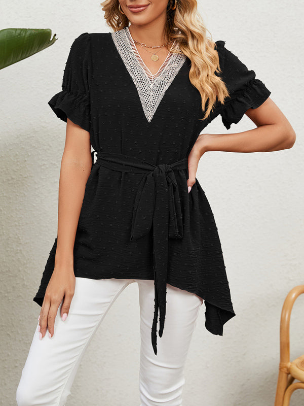 Blue Zone Planet | Woven Jacquard V-Neck Loose Tie Chiffon Short Sleeve Top BLUE ZONE PLANET