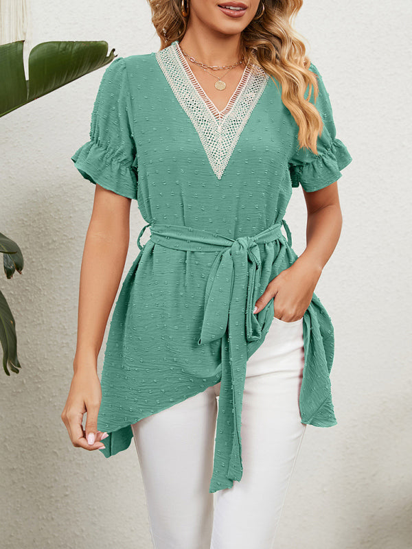 Blue Zone Planet | Woven Jacquard V-Neck Loose Tie Chiffon Short Sleeve Top BLUE ZONE PLANET