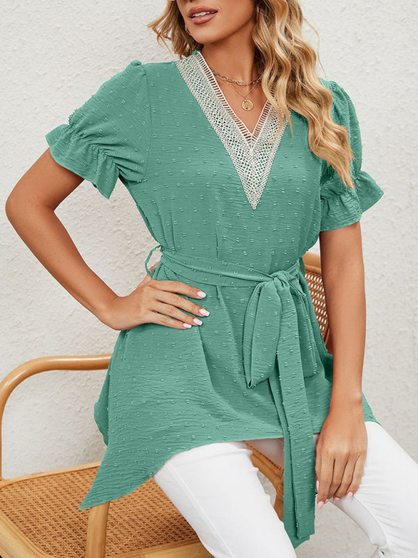 Blue Zone Planet | Woven Jacquard V-Neck Loose Tie Chiffon Short Sleeve Top BLUE ZONE PLANET