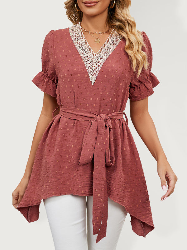 Blue Zone Planet | Woven Jacquard V-Neck Loose Tie Chiffon Short Sleeve Top BLUE ZONE PLANET