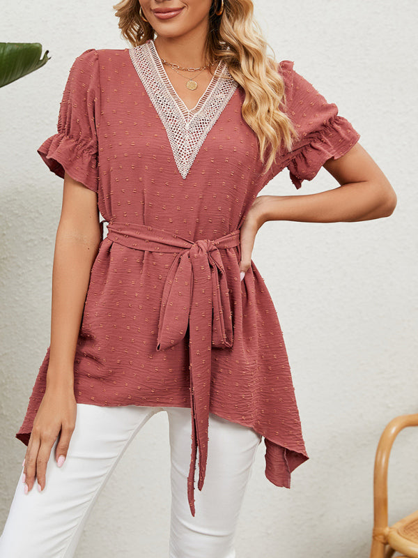 Blue Zone Planet | Woven Jacquard V-Neck Loose Tie Chiffon Short Sleeve Top BLUE ZONE PLANET