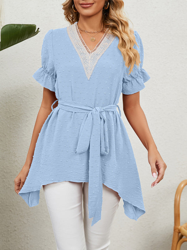 Blue Zone Planet | Woven Jacquard V-Neck Loose Tie Chiffon Short Sleeve Top BLUE ZONE PLANET