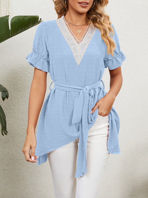 Blue Zone Planet | Woven Jacquard V-Neck Loose Tie Chiffon Short Sleeve Top BLUE ZONE PLANET