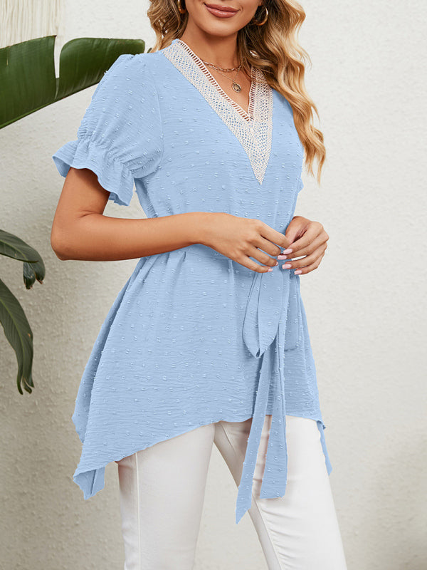 Blue Zone Planet | Woven Jacquard V-Neck Loose Tie Chiffon Short Sleeve Top BLUE ZONE PLANET