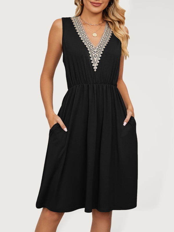 Blue Zone Planet | knitted lace V-neck sleeveless pocket waist dress BLUE ZONE PLANET