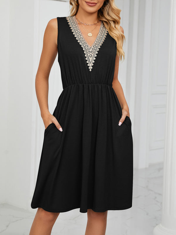 Blue Zone Planet | knitted lace V-neck sleeveless pocket waist dress BLUE ZONE PLANET