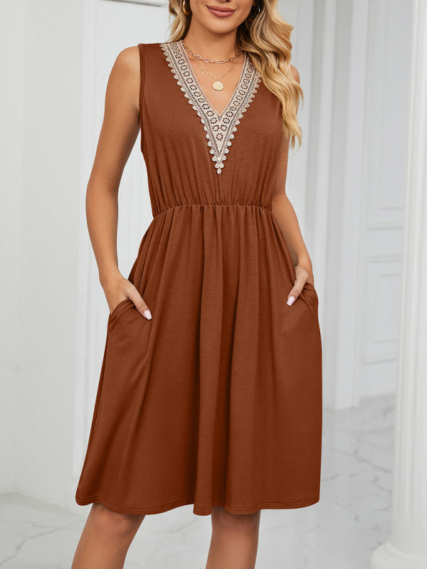 Blue Zone Planet | knitted lace V-neck sleeveless pocket waist dress BLUE ZONE PLANET