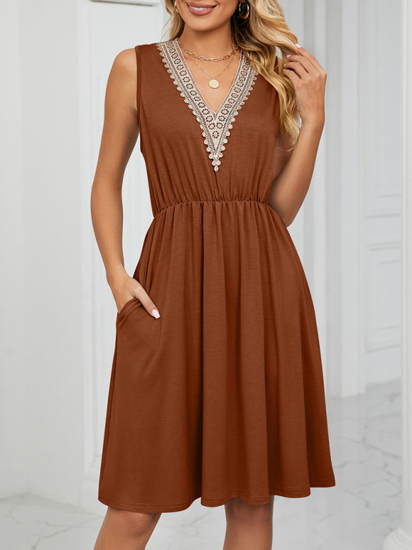 Blue Zone Planet | knitted lace V-neck sleeveless pocket waist dress BLUE ZONE PLANET