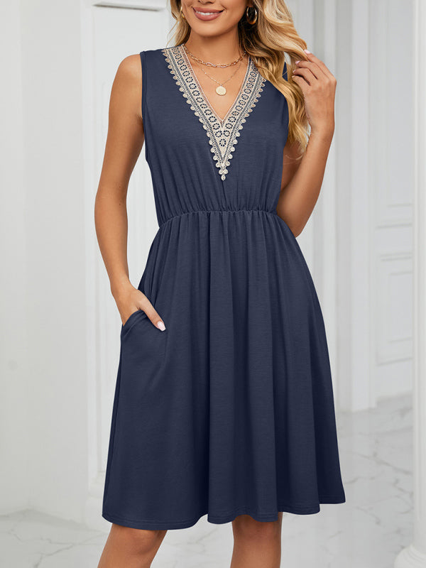 Blue Zone Planet | knitted lace V-neck sleeveless pocket waist dress BLUE ZONE PLANET