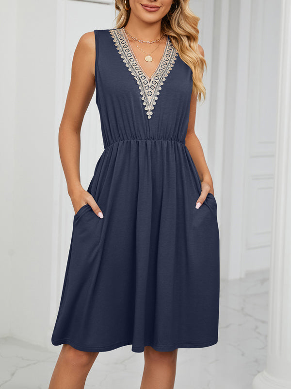 Blue Zone Planet | knitted lace V-neck sleeveless pocket waist dress BLUE ZONE PLANET