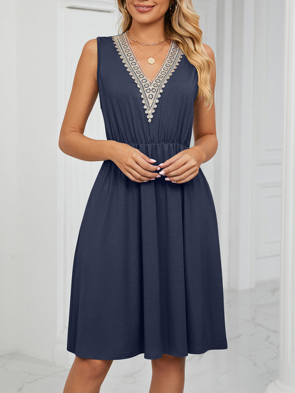 Blue Zone Planet | knitted lace V-neck sleeveless pocket waist dress BLUE ZONE PLANET